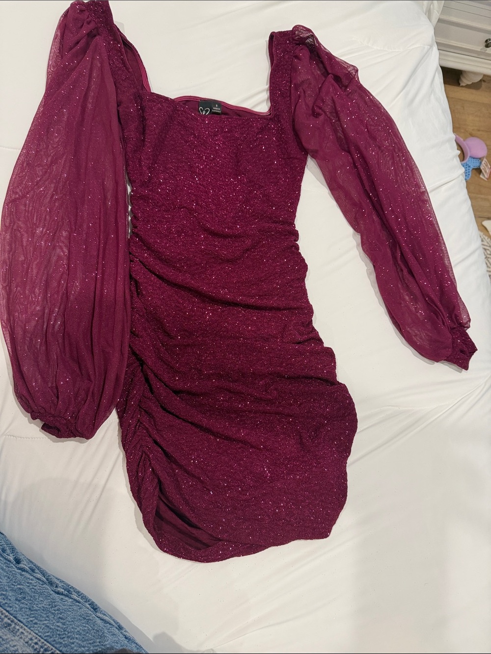 B19 Windsor Plum Glitter Ruched Puff-Sleeve Dress